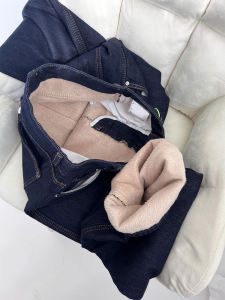 กางเกงยีนส์ทรงตรงเอวสูงบุขนแกะหนาสำหรับผู้หญิง กางเกงขายาวทรงสลิมฟิต กางเกงยีนส์แฟชั่นฤดูใบไม้ร่วง/ฤดูหนาว กางเกงยีนส์ทรงหลวม