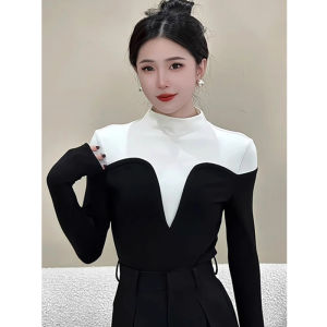Womens Half Turtleneck Color Contrast Patchwork Dralon Bottoming Shirt Fall and Winter Fancy Long Sleeves T-shirt Western Style Small Shirt Inner Wear Blouse