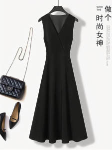 ชุดเดรสสีดำแขนกุดเอวสูง ทรงเข้ารูป คอวี ทรงเอ ผ้าโพลีเอสเตอร์ ชุดเดรสฤดูร้อนสำหรับผู้หญิง ชุดเดรสสีดำสไตล์ฮิปซี