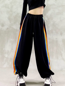 plus Size 300 Pounds Rainbow Stripe Patchwork Sports Pants Casual Loose Autumn Winter Couples Loose Casual Pants