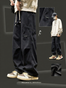 SZON | Mens Loose Straight Work Pants Spring Autumn Rope Trousers Spliced Creases