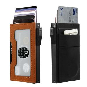 Mens Ultra-Thin Aluminum Card Holder RFID-Blocking Minimalist Metal Pop-Up Wallet Holds 12+ Cards-Cash Carbon Fiber Wallet
