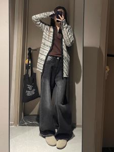 High Waist Wide Leg Jeans Womens Straight Cut Long Size Black Grey Color Autumn Loose Fit Slimming Floor-Length Trousers