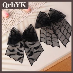 QrhYK กิ๊บติดผมโบว์ค้างคาวฮาโลวีนปิ่นปักผมปักลายค้างคาวผ้าคลุมหน้าลูกไม้แบบกอธิคเครื่องประดับผมคอสเพลย์น่ากลัวสำหรับผู้หญิงเด็กผู้หญิง
