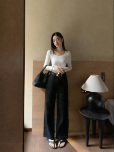ALOHA LU | Quần Jeans Đen Ống Dài Thon Lưng Cao