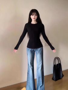 Black round Neck Long Sleeve Fleece Lined Slim Fit Base Shirt Womens Spring Autumn Winter Inner Wear Tight Body Shirt