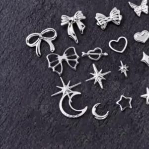 12Grids 3D Silver Heart Bow Butterfly Nail Charms Y2K Metallic Star Moon Nail Rivet Studs DIYValentines Day Manicure Decoration