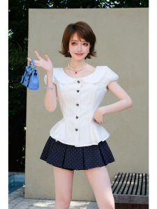 Sweet & Playful Lace Ruffle Collar Waist-Cinching Puffy Sleeves Blouse
