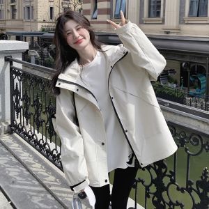เสื้อแจ็คเก็ตกันลมมีฮู้ดสีขาวเทา ทรงหลวม สำหรับผู้หญิง ฤดูใบไม้ร่วง 2025 แจ็คเก็ตแบบลำลองสไตล์เกาหลี แจ็คเก็ตแบบมีฮู้ดแบบอเนกประสงค์