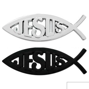3D metal Jesus fish logo Car decoration Christian badge Rear trunk emblem Door side sticker silver black Universal motor ornament