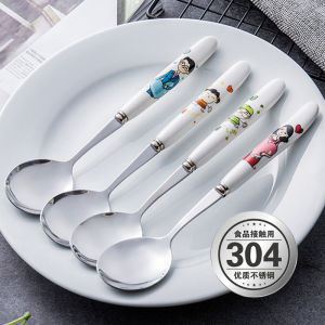 Long-Handled Ceramic Spoon for Children Stainless Steel 304 Cute Cartoon Eating Spoons Household Soup Ladle Dining Utensils