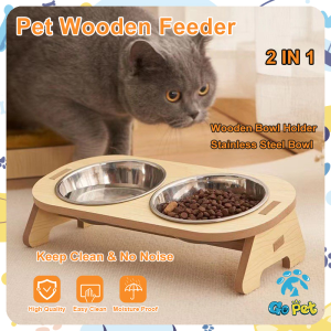 Pet Wooden Feeder Bowl 2 IN 1 Set Durable Cat Dog Food Water Feeding 15°Tilted Protect Neck Stainless Bowl With Stand
