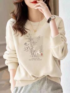 Womens Pure Cotton Fleece Lined Oversized Thickened Sweatshirt Fashionable Inner Wear Casual Comfortable Plant Floral Print