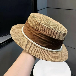 French Elegant Pearl-straw Wide-brimmed Flat Hat
