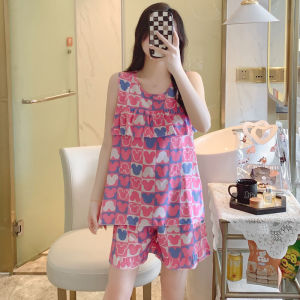 Summer Thin Cotton Silk Anti-Bulge Vest Shorts Womens Sleepwear Home Clothes Korean Style Printable Casual round Neck