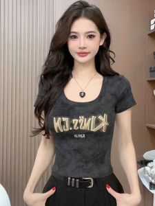 Áo Thun Cotton Tay Ngắn Màu Đen Thắt Nơ Thời Trang Mùa Hè Cho Nữ Áo Thun Ôm Vừa Vặn in Họa Tiết Chất Liệu Cotton Áo Thun Thường Ngày