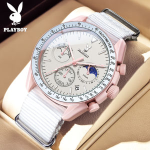 PLAYBOY Chronograph Watch for Men and Women – Fashion Sport Style Nylon Strap Waterproof 4 Colors (Pink/Black/White/Grey) Genuine Brand