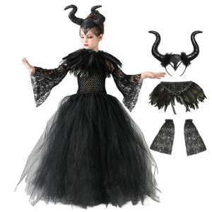 Carnival Costume Maleficent Tutu Girls Cosplay Evil Queen Black Mesh Princess Dress Children Raven Wand Demonic Witch Accessory