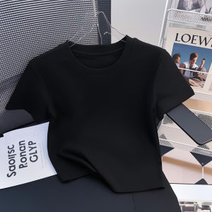 LINGLONGDAI | Pure Cotton Black Short Sleeve T-Shirt Womens Summer Slim Fit Round Neck Anti-Aging Base Shirt Short Style Top Round Neck