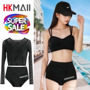 ชุดว่ายน้ำแฟชั่นซีทรู แขนยาว ผู้หญิง สีดำ เซ็กซี่ ถ่ายรูปสวย สไตล์เกาหลี