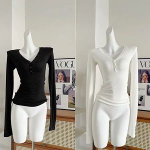 Duolaimei Three Colors V Neck Stylish Basic Bottoming Shirt Female 2024 Fall/Winter Slim Slim Looking Breathable Long Sleeves Tops