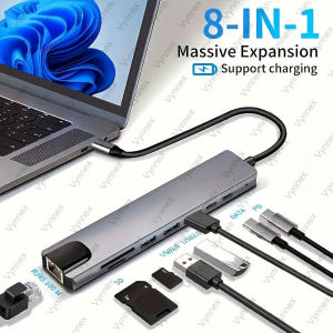 [Bangkok Stock&COD]🚀ดั้งเดิมล่าสุด🚀8 In 1 อะแดปเตอร์ฮับ ฮับ USB Hub Type-C To USB 3 . 0 + HDMI + RJ 45 สําหรับ MacBook For Laptop PD