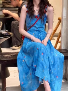 Váy Vest Cổ Chữ V Sâu Kiểu Pháp Cổ Điển Cho Nữ Mùa Hè in Hoa Màu Xanh Không Tay Váy Bó Eo Dài Chữ a Váy Dây