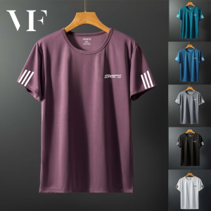 VFASION เสื้อยืดผู้ชาย เสื้อยืดคอกลม ผ้าไหมน้ำแข็งบางๆก็เย็นสบาย ตาข่ายแห้งเร็ว ลายสามแถบ 5 สี เสื้อลำลองทรงหลวมขนาดใหญ่ที่มีความยืดหยุ่นและสวมใส่สบาย