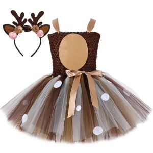 Girls Reindeer Christmas Tutu Dress Kids Lined Ballet Outfit For Xmas New Year Holiday Party Children Festival Fancy Clothes