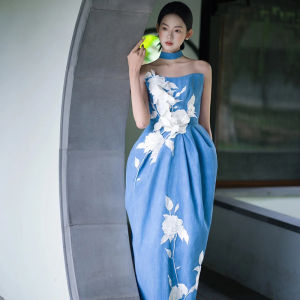 Elegant Chinese Style Wedding Dress Blue Bridal Gown for Engagement And Birthday Celebrations Long A-Line Skirt Evening Gown