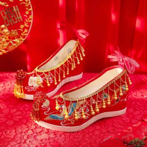 New Hanfu Wedding Shoes Handmade Embroidered High Heel Inner Increase Traditional Chinese Wedding Shoes Show Heel Tassel