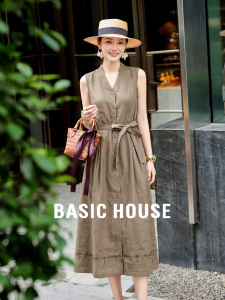 Basic House | Vintage Linen Sleeveless Summer V-Neck Shirt Dress