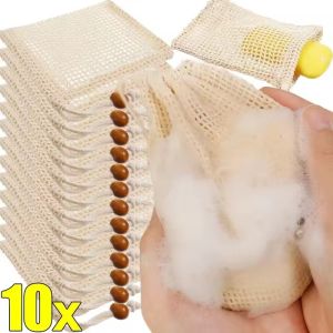 10PCS Hangable Soap Bags Natural Cotton Linen Foaming Soap Net Bag Body Soap Cleanser Net Bags Household Shower Cleaning Tools