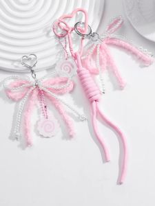 Trendy Handmade Butterfly Knot Bag Charm Pink Beaded Keychain Gift for Girly Girls Fashionable Accessory by LeCong