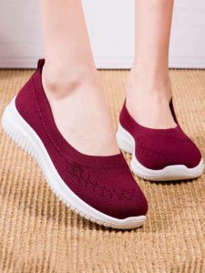 SHIPAILUO | Spring Summer New Womens Low Cut Slip-On Shoes Breathable Mesh Fly Knit Elastic Comfortable Mom Shoes Flat Heel Casual Style