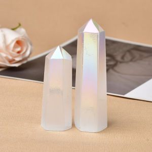 1PC Natural Aura Selenite Crystal Point Electroplating Wand Healing Stone Energy White Quartz Home Decoration Reiki Tower Gifts