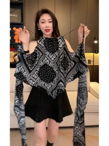 French Chic Unique Beautiful Print Womens T-shirt Black Design Sensation Small Audience Spring Season Long Sleeve Henry Collar