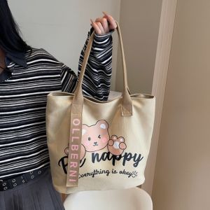 Large Capacity Canvas Tote Bag Womens Casual Commuter Bag Cartoon Bear Handbag Soft Bucket Shape Zipper Closure Shoulder Bag