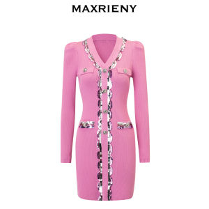 MaxRieny Vintage V-Neck Midi Dress Womens Dress Kitty Pink Knitted Skirt Retro Style Long Sleeve H-Shape Pure Color Spring Autumn