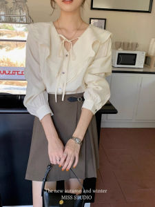 Elegant French Style Womens Silk Shirt with Lace Trim And Belt Early Autumn Commute European Style Small Shirt Vintage Top