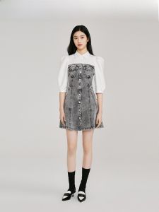 Vero Moda Casual Sweet Cool Spliced Bubble Sleeve Denim Skirt Womens Dress Autumn Winter Clearance Elegant A-line Skirt