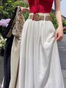 Summer Thin Ice Silk Linen Wide Leg Pants Womens Loose Fits Slim down Drapey Floor-Length Skirt Pants High Waist Buckle