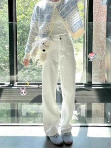 สูง เอว ขาตรง เดนิม กางเกงยีนส์ ผู้หญิง พรางหุ่น ขากว้างยาว กางเกงขายาว ทันสมัย สีขาว ตัดตรง กางเกงยีนส์ สําหรับ ฤดูใบไม้ร่วง 2024