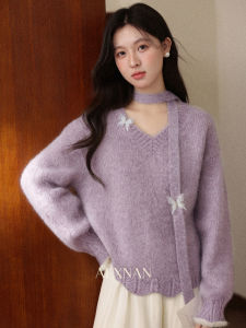 Áo Sweater Knit V-Neck Màu Tím Phong Cách Hàn Quốc