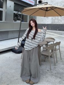 Áo Thun Dài Tay Kẻ Sọc Phong Cách Hàn Quốc Cho Nữ Dáng Rộng Tay Dài Cổ Tròn Thường Ngày Mùa Xuân Mùa Thu Không Có Nút Cài