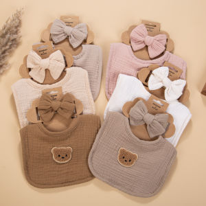 2Pcs/Set Big Bow Muslin Cotton Nylon Hairbands Gauze Baby Bibs Cute Bear Towel Saliva Newborn Feeding Burp Colths Kids Headwear