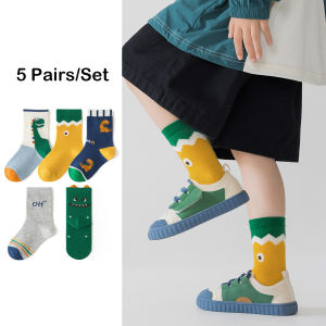 KUCHAR 5 cặp/lô Cậu bé Hàn Quốc vớ đàn hồi cao cotton đan mềm sọc thư thiết kế hoạt hình giữa ống trường thể thao vớ trẻ em vớ cho 1-12 tuổi