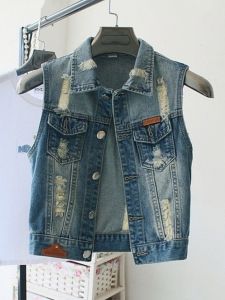 Slim Fit Short Denim Vest Womens Spring Autumn Summer New Korean Style Sleeveless Jacket Outerwear Cotton Polyester Blend