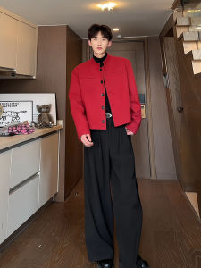 Áo Khoác Vest Ngắn Màu Đỏ Ankora Phong Cách Mới Trung Quốc Thời Trang Nam Thường Ngày Áo Khoác Có Đệm Vai Áo Khoác Mùa Thu