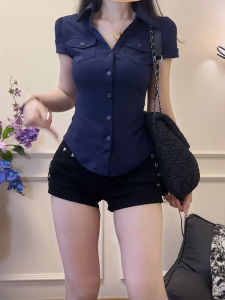 Áo thun nữ BINKAFENNY cổ polo tay ngắn xanh lam ôm vừa